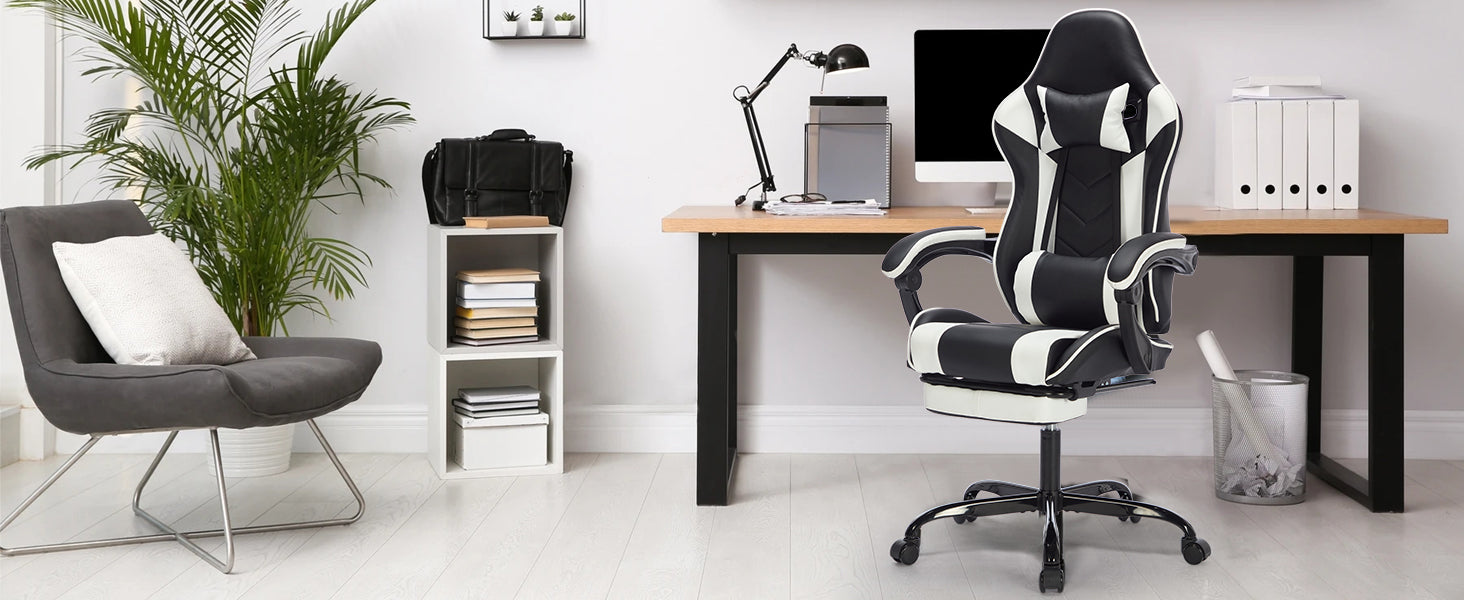 Ergonomic Gaming Chair with Footrest, Massage Lumbar Support & Headrest – Breathable Leather Computer Chair (Black/White)