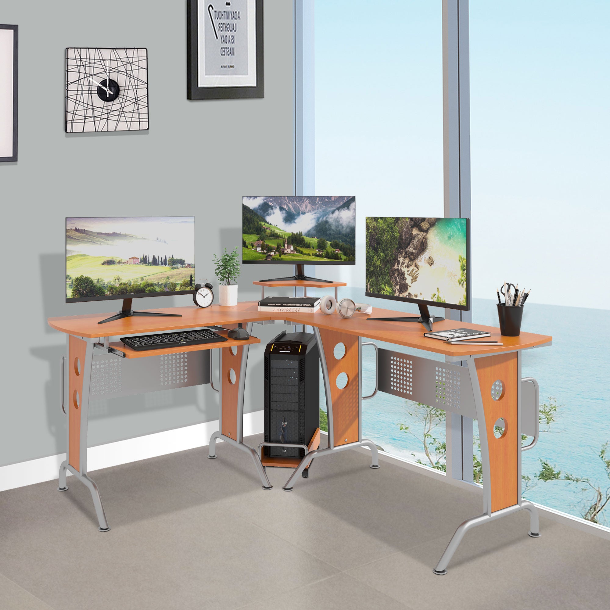 L-Shaped Corner Computer Desk With Elevated Shelf – Wood Grain