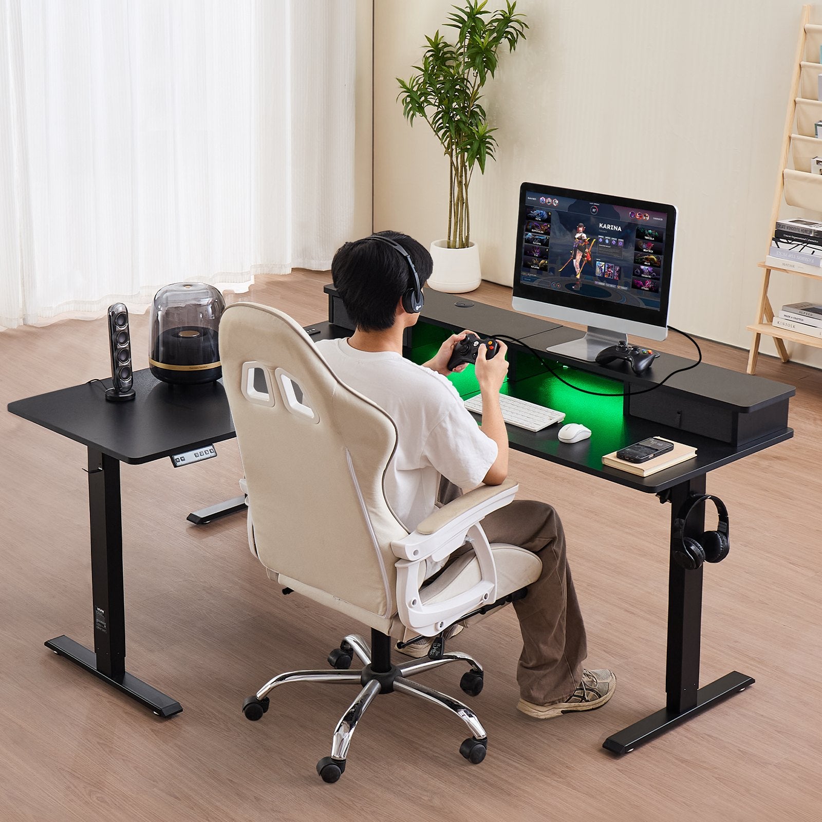 Electric Height-Adjustable L-Shaped Gaming Desk with LED Light Strip