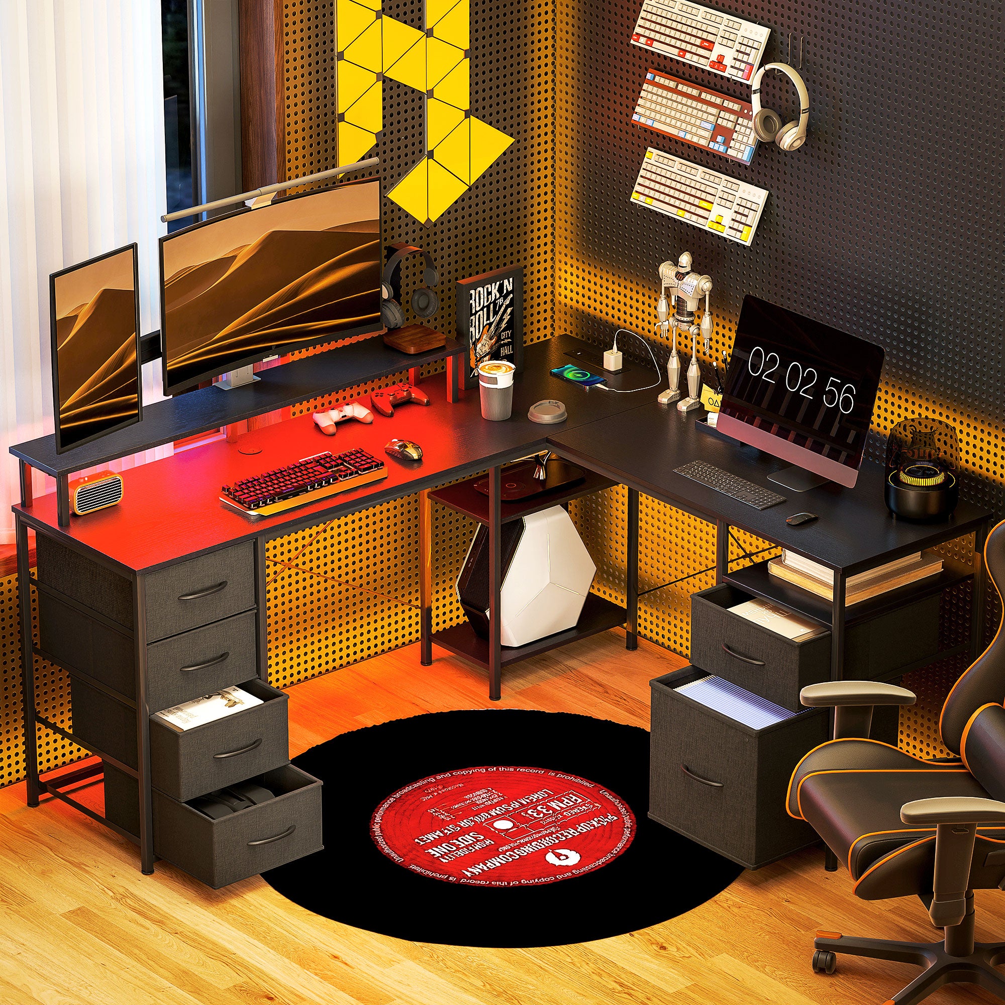 66" Reversible L-Shaped Computer Desk with Charging Station, RGB Lighting & Storage