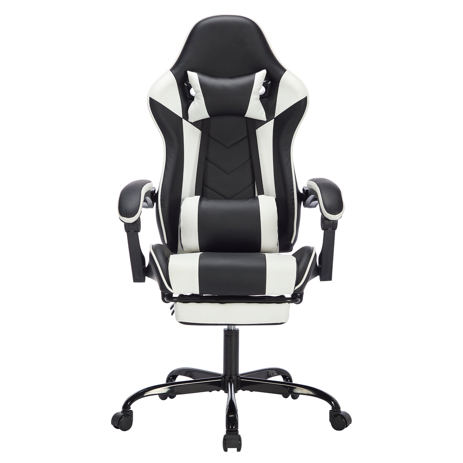 Ergonomic Gaming Chair with Footrest, Massage Lumbar Support & Headrest – Breathable Leather Computer Chair (Black/White)
