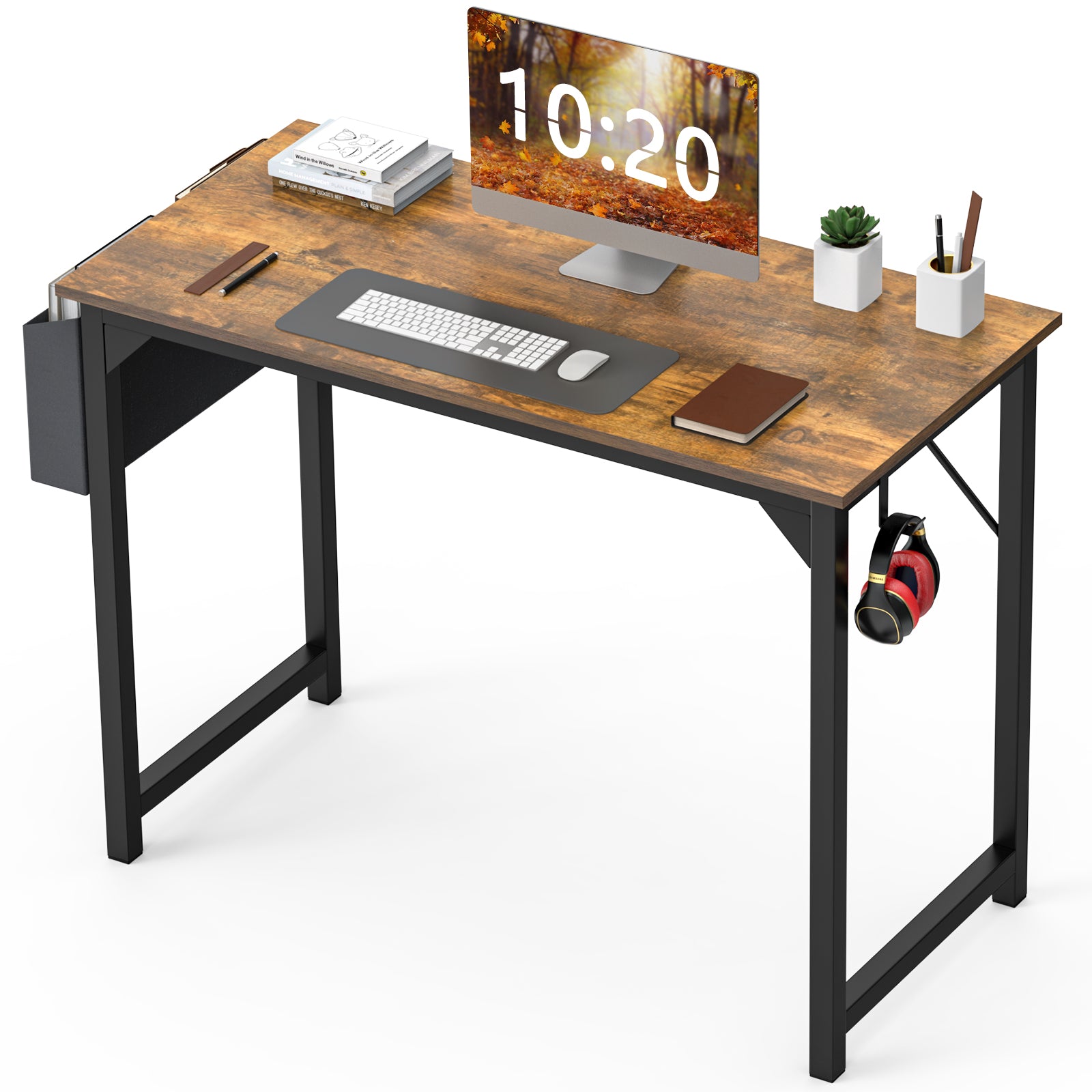 Modern Minimalist Computer Desk with Storage Bag and Metal Frame