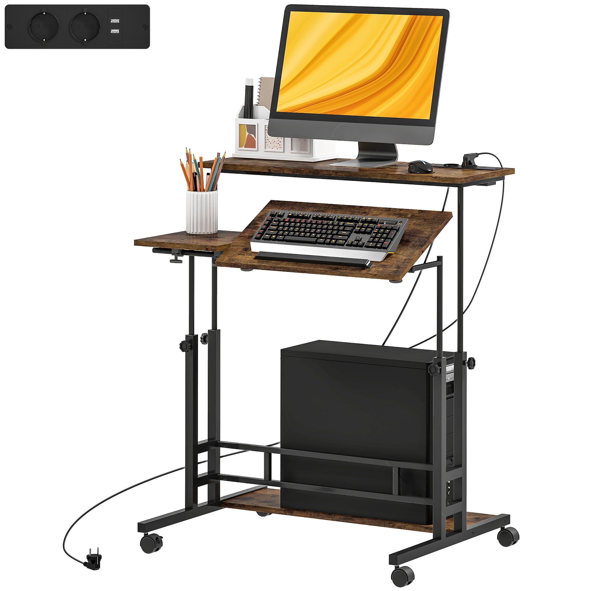 Adjustable Standing Desk with Power Outlets – Tiltable Tabletop, Wheels & Shelf