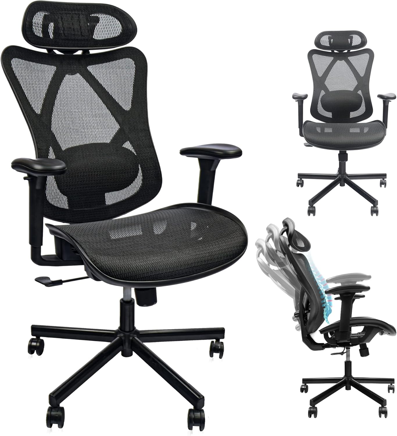 Mesh Ergonomic Office Chair with Adjustable Lumbar Support, 3D Headrest & Armrests – High Back Desk Chair with Silent Wheels for Office, Home & Gaming – Black