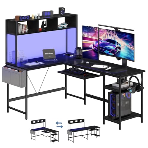 67" L-Shaped Gaming Desk with LED Lights, Reversible Corner Computer Desk with Keyboard Tray, Storage Shelf & Side Bag