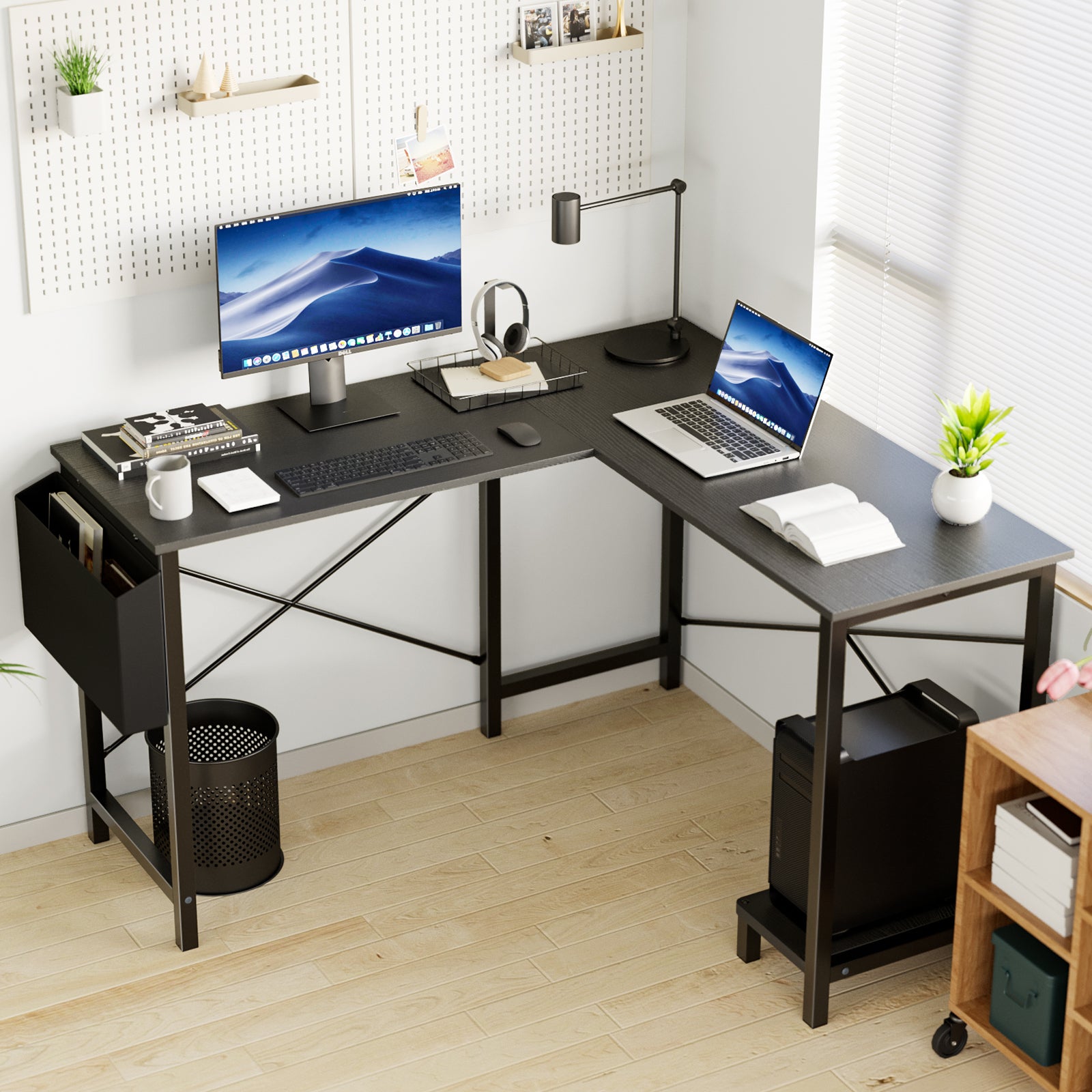 49" L-Shaped Computer Desk with Storage Shelf & Side Pocket