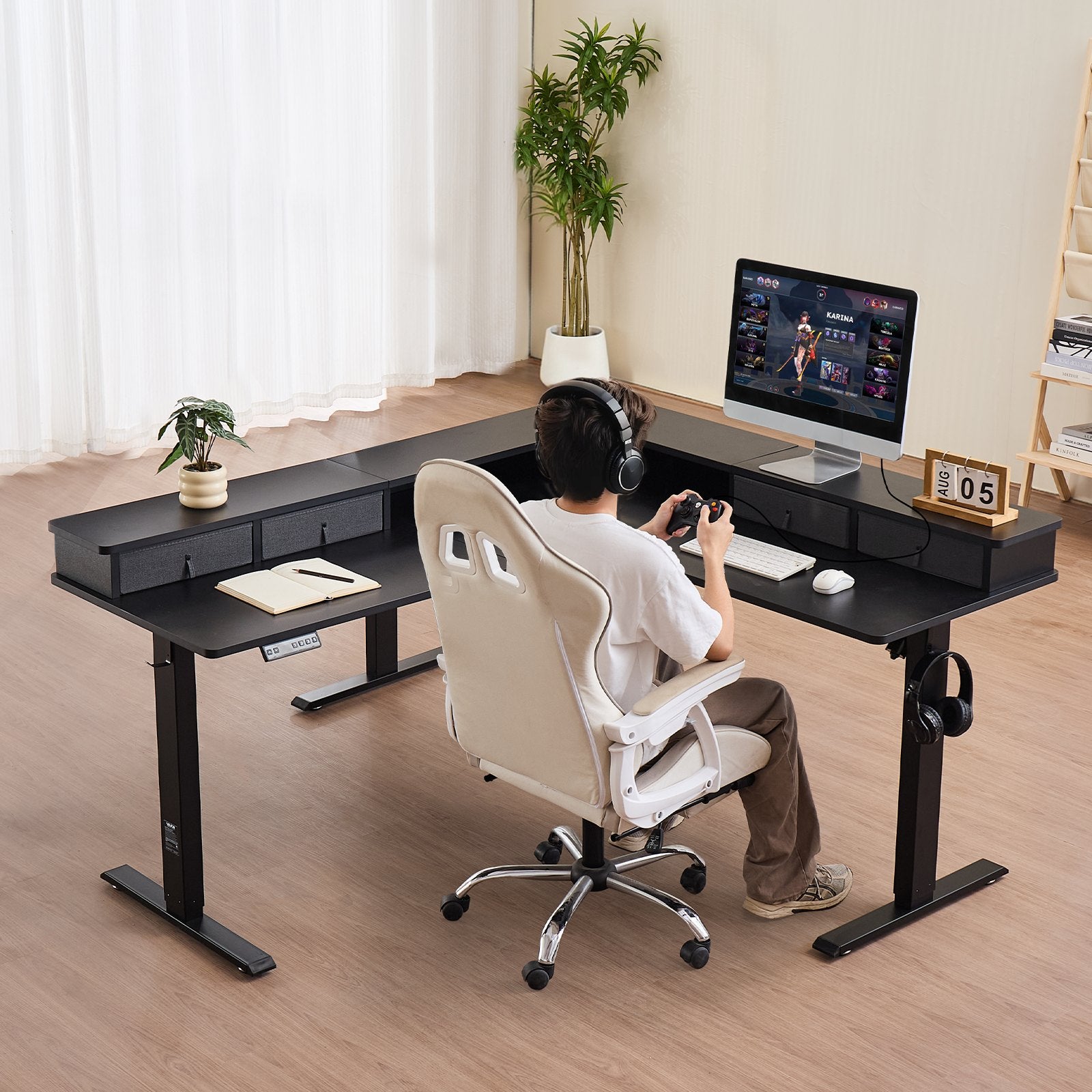 Electric Height-Adjustable L-Shaped Gaming Desk With Storage Drawers