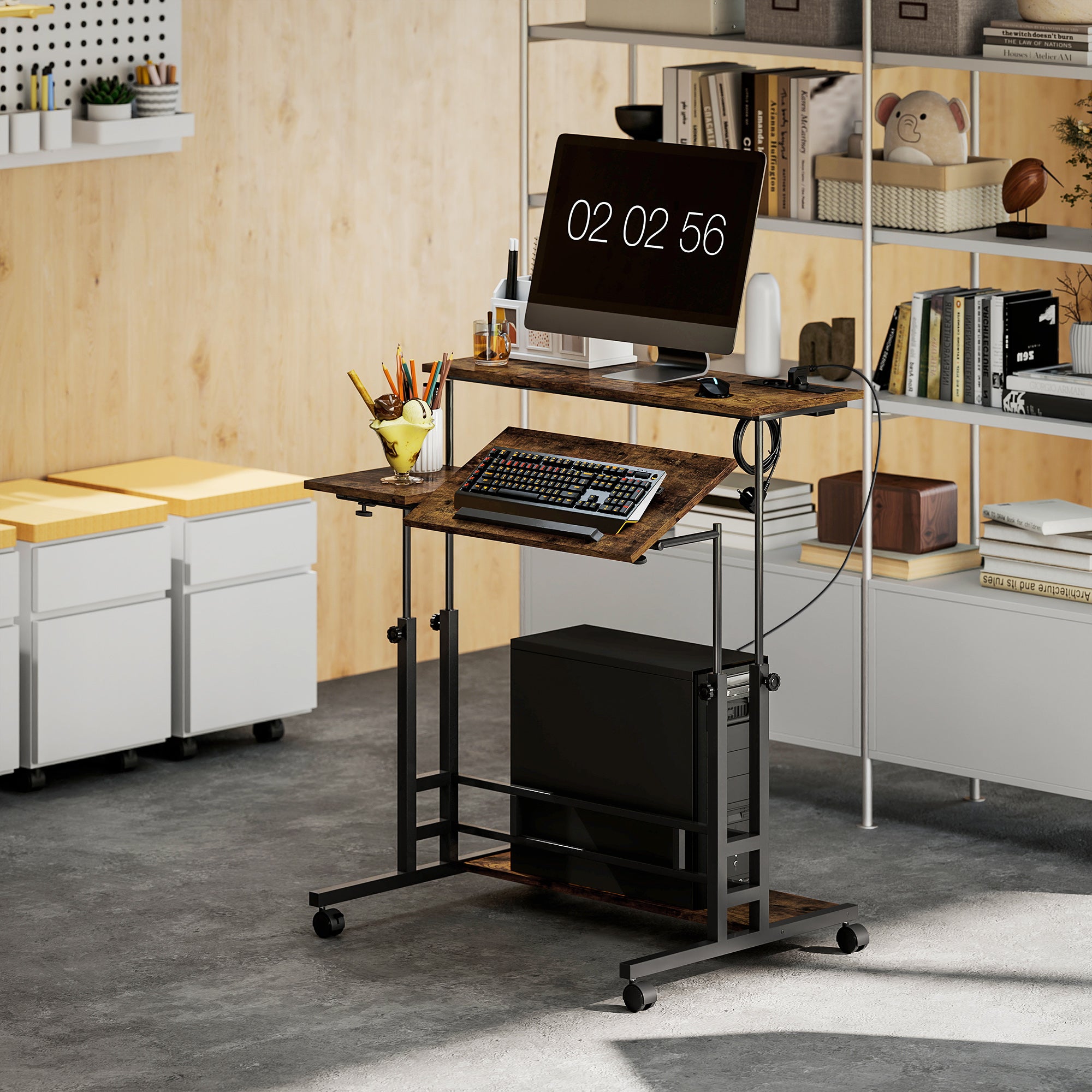 Adjustable Standing Desk with Power Outlets – Tiltable Tabletop, Wheels & Shelf