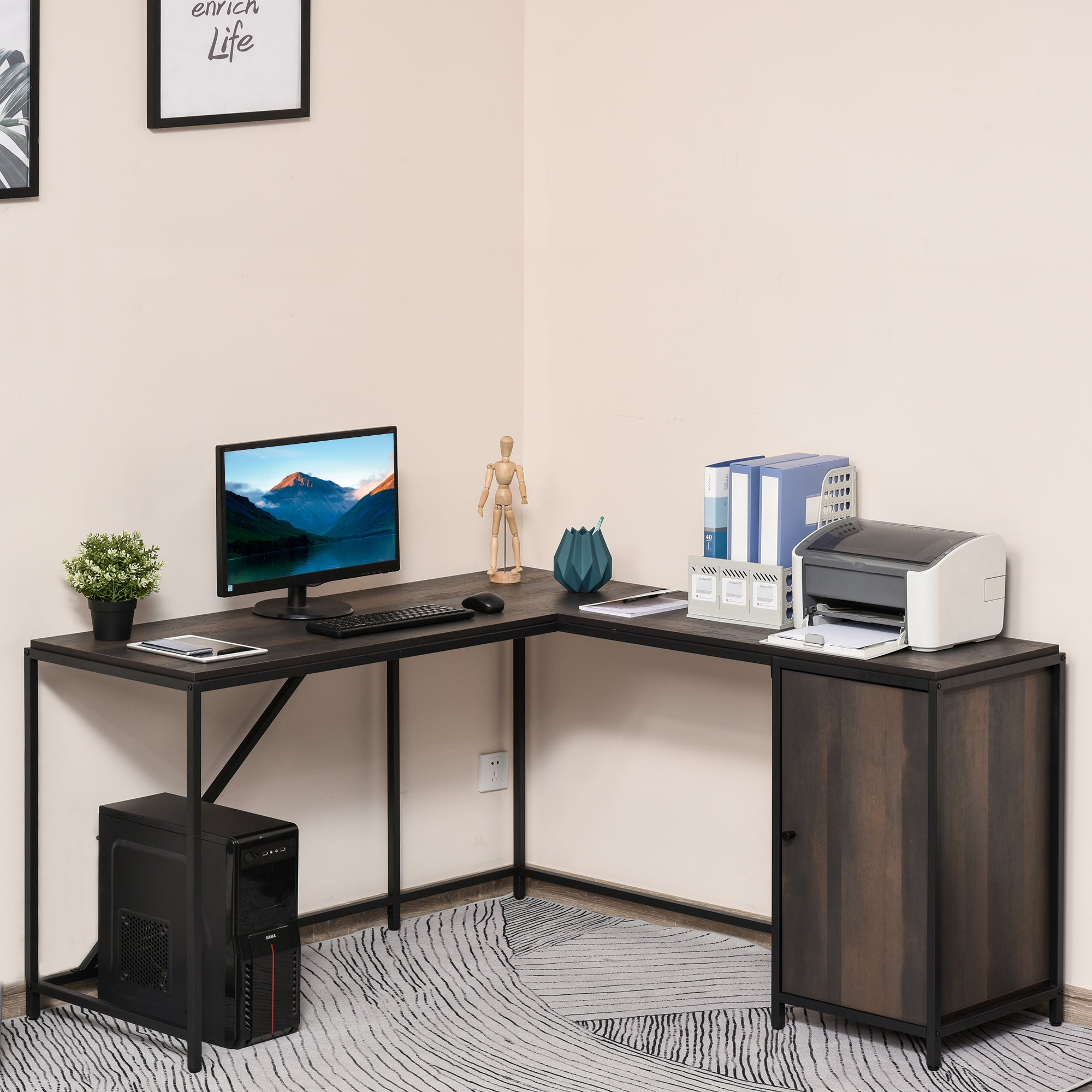 L-Shaped Corner Computer Desk with Storage Cabinet – Dark Brown