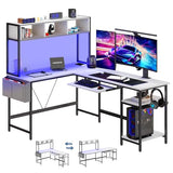 67" L-Shaped Gaming Desk with LED Lights, Reversible Corner Computer Desk with Keyboard Tray, Storage Shelf & Side Bag