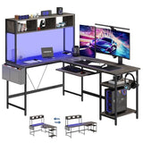 67" L-Shaped Gaming Desk with LED Lights, Reversible Corner Computer Desk with Keyboard Tray, Storage Shelf & Side Bag