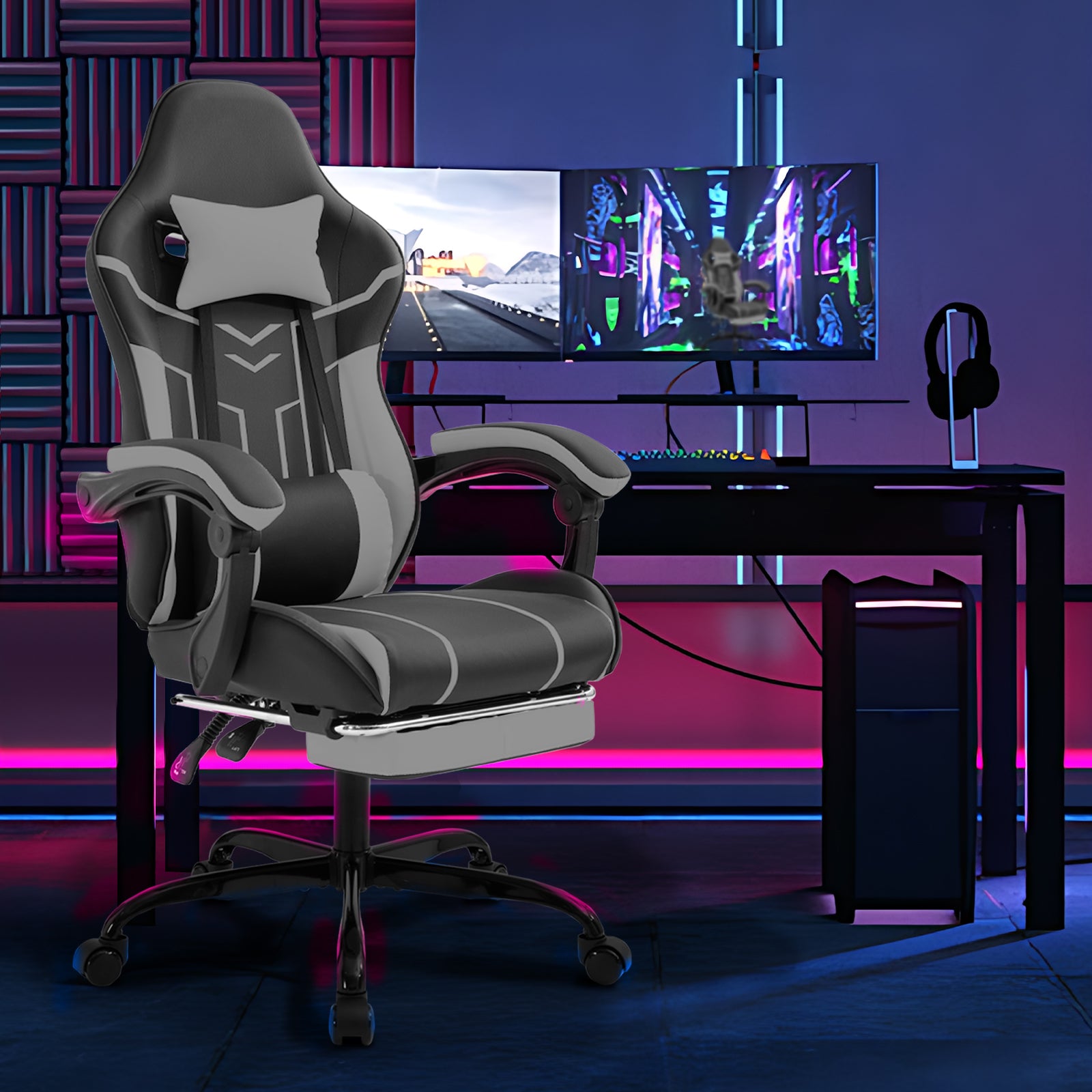 Ergonomic Gaming Chair with Footrest, Massage Lumbar Support, and Reclining Backrest (Black/Gray)