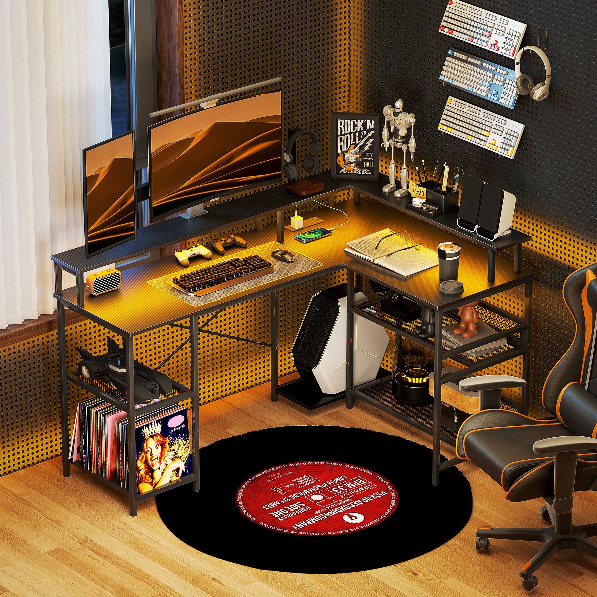 59" L-Shaped Gaming & Office Desk with LED Lights and Storage Shelves